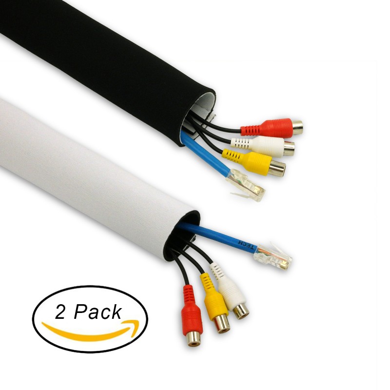 Cable Mangement Sleeves, Velcro Design, Black/White Reversible, 2 pack 60" Cord Organizers (Narrow + Wide) with Wire Labels